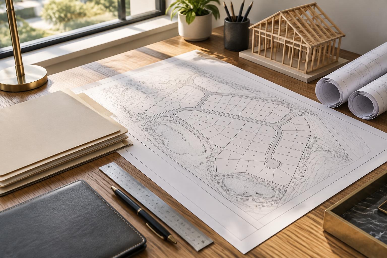 Organized lot plans, document folders, and a house framing model on an architectural desk.